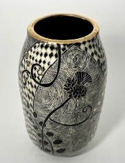 Thistle and Gold Vase SOLD - Ceramic 9x5 Sgraffito, Etching, Glaze, Gold Luster