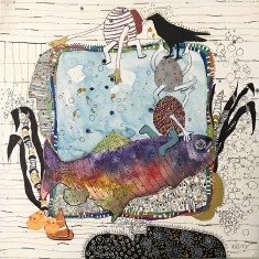 Blowing Bubbles - Acrylic,Oil,Watercolor,Collage, Ink on Panel 12 x 12